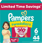Pampers Diapers - Swaddlers 360° - Size 6, 44 Count, up to 100% Leakproof Comfy Dry Fit, Designed for Easy Changes, Pull On Baby Diaper (Packaging May Vary)