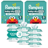 Pampers Baby Dry Disposable Baby Diapers Size 5, 2 Month Supply (2 x 164 Count) with Sensitive Water Based Baby Wipes 12X Multi Pack Pop-Top and Refill (1008 Count)