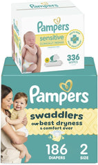 Diapers Size 2, 186 Count and Baby Wipes - Pampers Swaddlers Disposable Baby Diapers and Water Baby Wipes Sensitive Pop-Top Packs, 336 Count (Packaging May Vary)