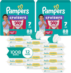 Pampers Pull On Cruisers 360° Fit Disposable Baby Diapers Size 7, 2 Months Supply (2 x 88 Count) with Sensitive Water Based Baby Wipes 12X Multi Pack Pop-Top and Refill (1008 Count)