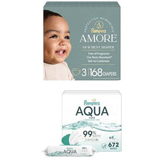 Bundle of Pampers Amore, Size 3 (13-26 lbs), 168 Count, Pampers Baby Wipes Aqua Pure, 99% Water-Based Wipes, Hypoallergenic and Unscented Baby Wipes, 672 Wipes Total (12 Flip-Top Packs)