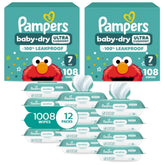 Pampers Baby Dry Disposable Baby Diapers Size 7, 2 Month Supply (2 x 108 Count) with Sensitive Water Based Baby Wipes 12X Multi Pack Pop-Top and Refill (1008 Count)
