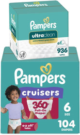 Pampers Pull On Cruisers 360° Fit Disposable Baby Diapers Size 6, 104 Count with Free & Gentle Baby Wipes 12 Flip-Top Packs (936 Wipes Total)