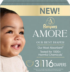 Pampers Amore, Size 3 (13-26 lbs), 116 Count, Our Best Diaper – Hypoallergenic & Fragrance Free, Up to 100% Leakproof, Soft as Cashmere