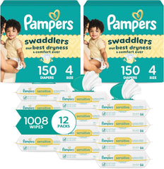 Pampers Swaddlers Disposable Baby Diapers Size 4, 2 Month Supply (2 x 150 Count) with Sensitive Water Based Baby Wipes 12X Multi Pack Pop-Top and Refill (1008 Count)