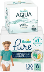 Pampers Pure Protection Disposable Baby Diapers Size 6, One Month Supply (108 Count) with Aqua Pure Baby Wipes, 6X Pop-Top Packs (336 Count)
