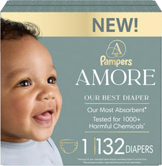 Pampers Amore, Size 1 (8-14 lbs), 132 Count, Our Best Diaper – Hypoallergenic & Fragrance Free, Up to 100% Leakproof, Soft as Cashmere