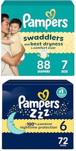 Bundle of Pampers Swaddlers Diapers, Size 7 (26-50 lbs), 88 Count + Pampers ZZZ Overnight Diapers, Size 6 (35+ lbs), 72 Count, Nighttime Protection Disposable Baby Diaper