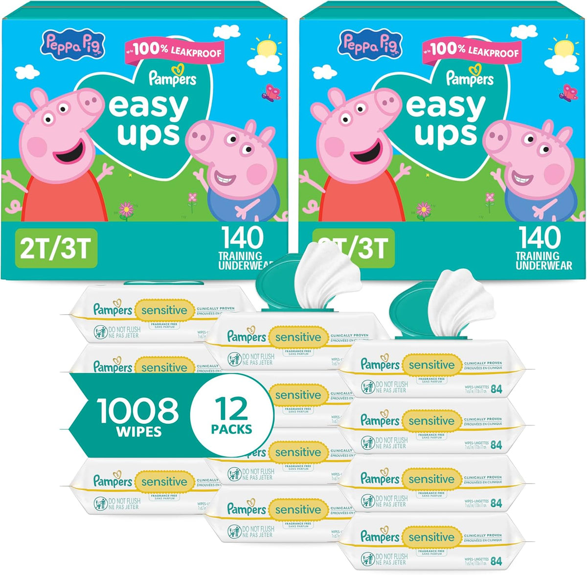 Pampers Easy Ups Pull On Training Underwear Girls, 2T-3T, 2 Month Supply (2 x 140 Count) with Sensitive Water Based Baby Wipes 12X Multi Pack Pop-Top and Refill (1008 Count)