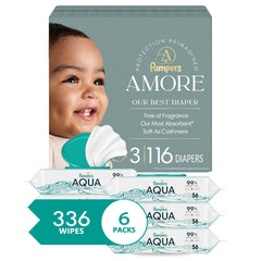 Bundle of Pampers Amore, Size 3 (13-26 lbs), 116 Count, Our Best Diaper + Pampers Aqua Pure Baby Wipes, 99% Water, Fragrance Free, 336 Baby Wipes Total (6X Flip-Top Packs) [Packaging May Vary]