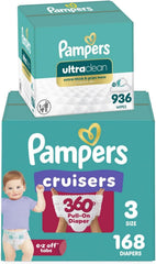 Pampers Pull On Cruisers 360° Fit Disposable Baby Diapers Size 3, One Month Supply (168 Count) with Free & Gentle Baby Wipes 12 Flip-Top Packs (936 Wipes Total)