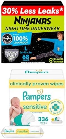Ninjamas Boys Nighttime Underwear, Size L for Boys (64-95+ lbs), 68 Count, Ultra Absorbent + Pampers Wipes, Sensitive, Water Based Wipe, Hypoallergenic, and Unscented, 336 Wipes Total (4 Packs)