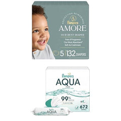 Bundle of Pampers Amore, Size 5 (20-37 lbs), 132 Count, Pampers Baby Wipes Aqua Pure, 99% Water-Based Wipes, Hypoallergenic and Unscented Baby Wipes, 672 Wipes Total (12 Flip-Top Packs)