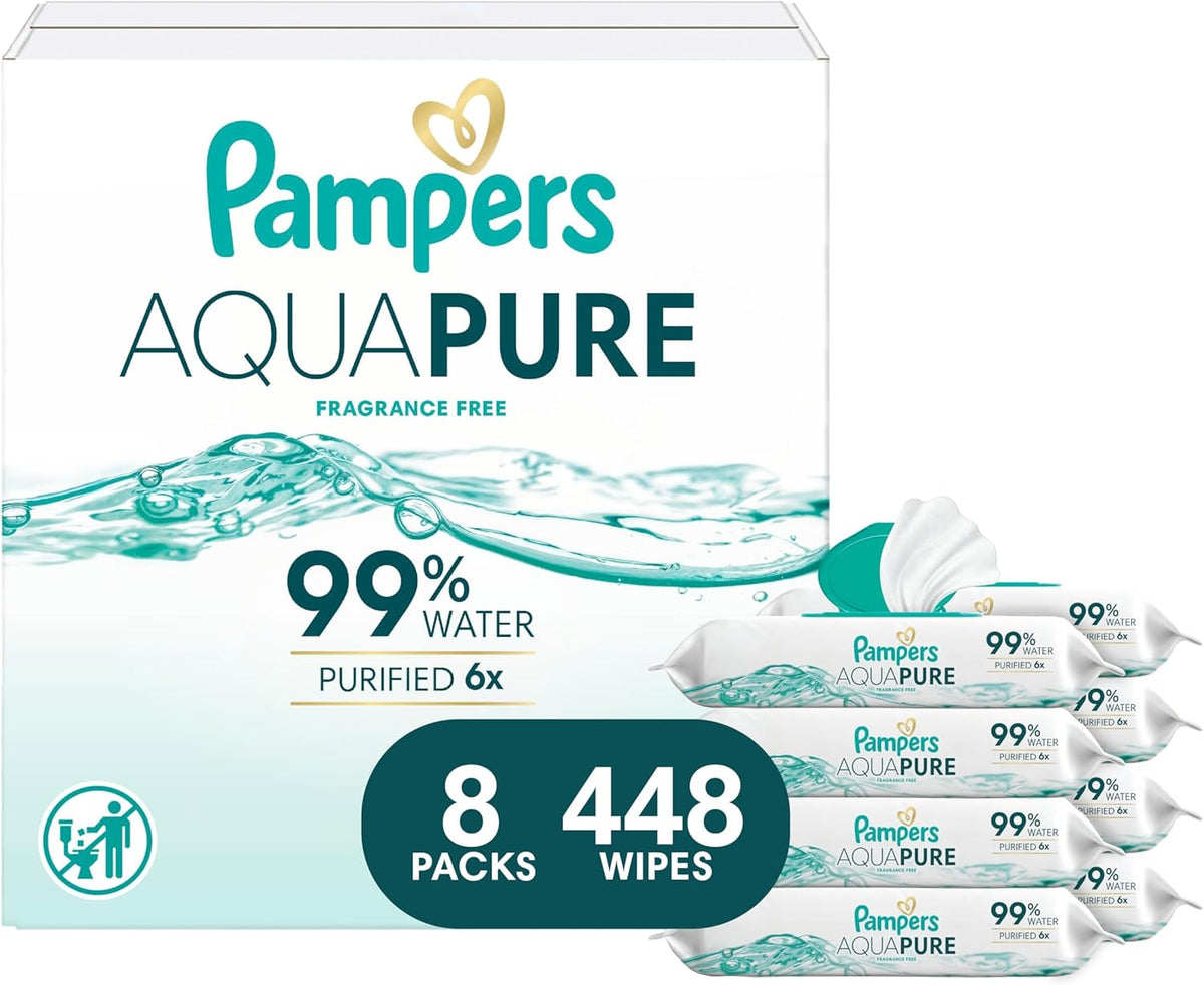 Pampers Aqua Pure Baby Wipes, 99% Water, Fragrance Free, 448 Baby Wipes Total (8X Flip-Top Packs) [Packaging May Vary]