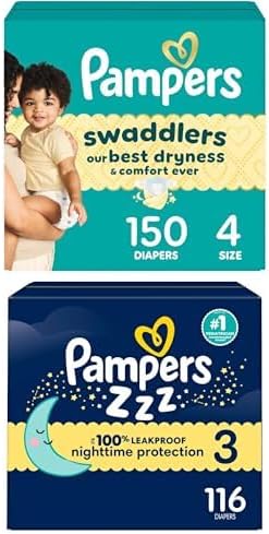 Bundle of Pampers Swaddlers Diapers, Size 4 (15-34 lbs), 150 Count, Absorbent, Pampers ZZZ Overnight Diapers, Size 3 (16-28 lbs), 116 Count, Nighttime Protection Disposable Baby Diaper