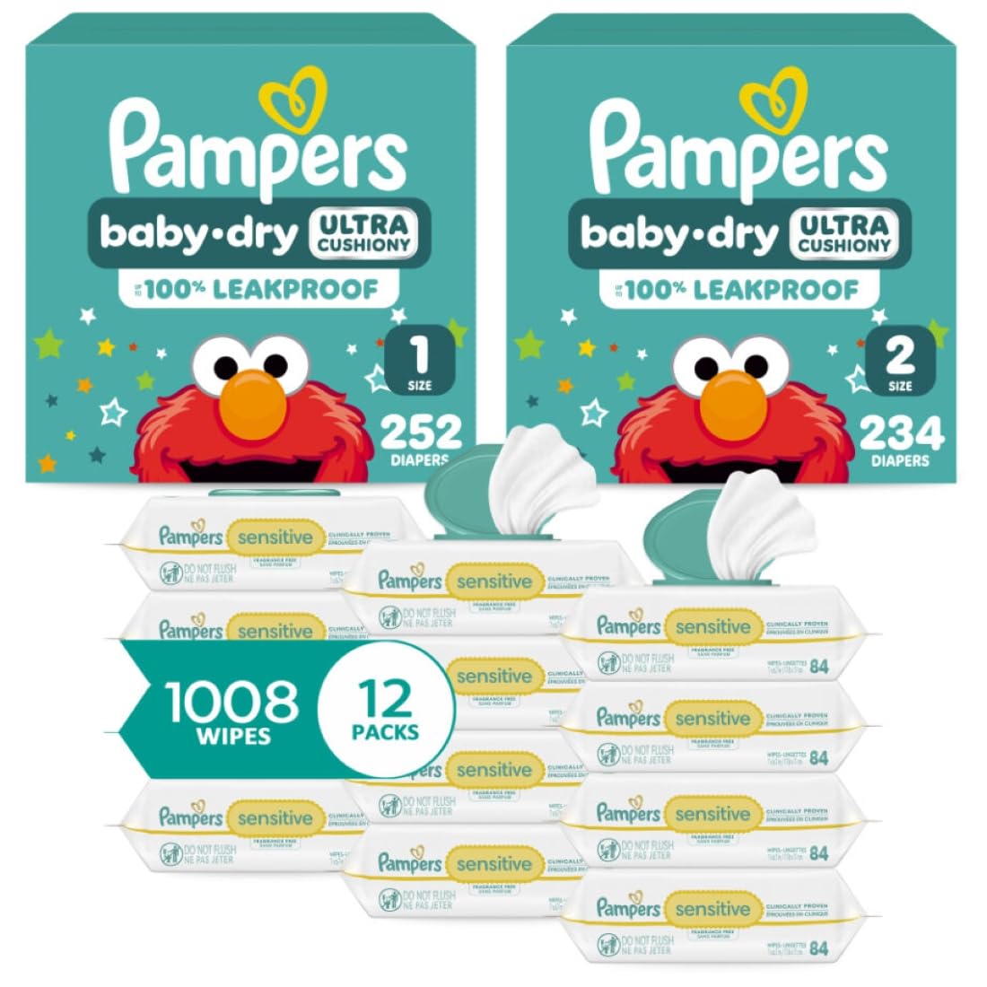 Pampers Baby Dry Disposable Baby Diapers Starter Kit (2 Month Supply), Sizes 1 (252 Count) & 2 (234 Count), with Sensitive Water Based Baby Wipes 12X Multi Pack Pop-Top and Refill (1008 Count)