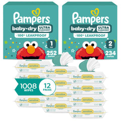 Pampers Baby Dry Disposable Baby Diapers Starter Kit (2 Month Supply), Sizes 1 (252 Count) & 2 (234 Count), with Sensitive Water Based Baby Wipes 12X Multi Pack Pop-Top and Refill (1008 Count)
