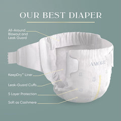 Pampers Amore, Size 5 (20-37 lbs), 132 Count, Our Best Diaper – Hypoallergenic & Fragrance Free, Up to 100% Leakproof, Soft as Cashmere