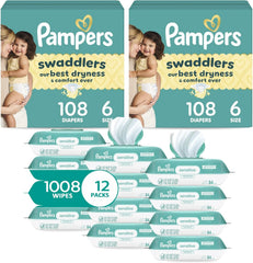 Pampers Swaddlers Disposable Baby Diapers Size 6, 2 Month Supply (2 x 108 Count) with Sensitive Water Based Baby Wipes 12X Multi Pack Pop-Top and Refill (1008 Count)