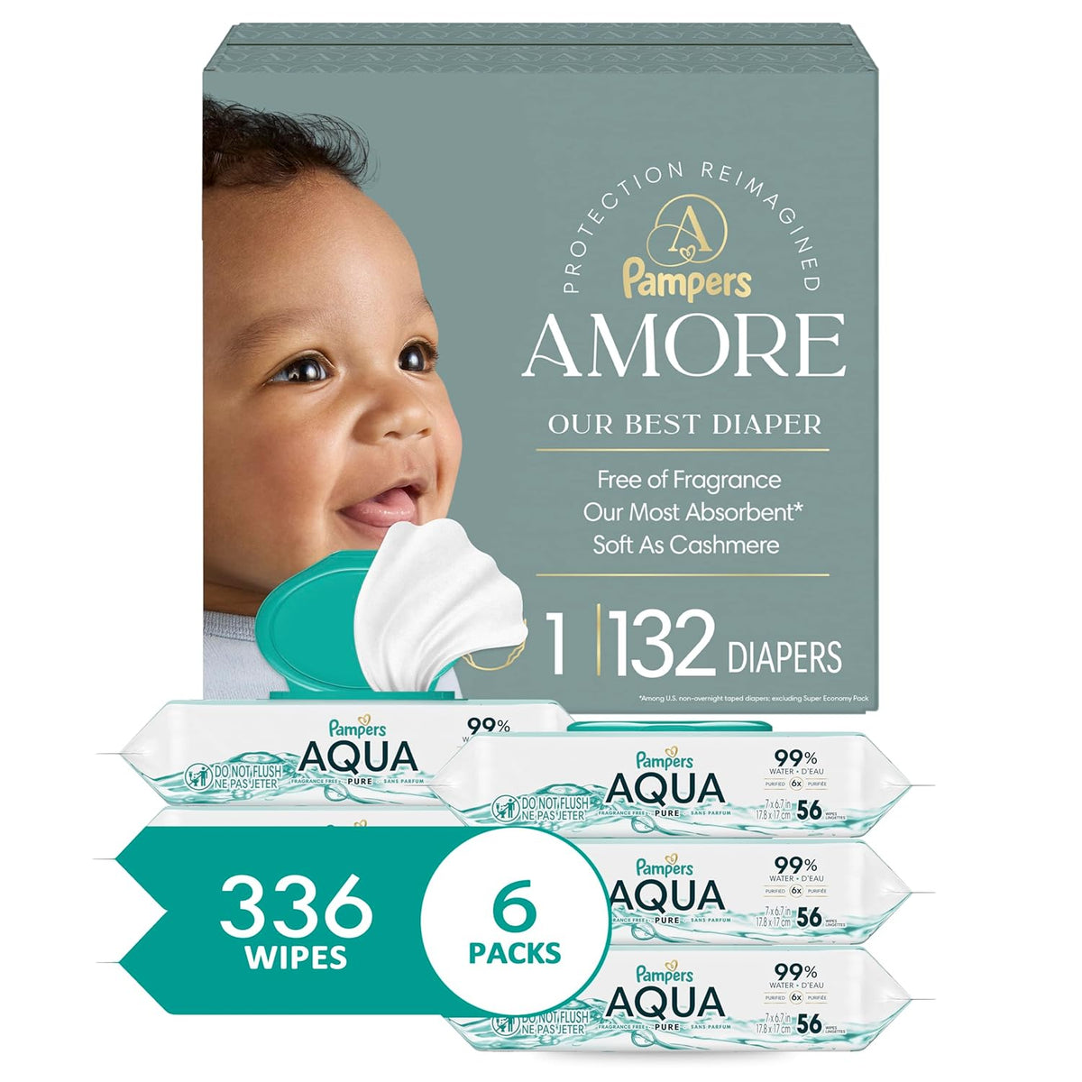 Bundle of Pampers Amore, Size 1 (8-14 lbs), 132 Count, Our Best Diaper + Pampers Aqua Pure Baby Wipes, 99% Water, Fragrance Free, 336 Baby Wipes Total (6X Flip-Top Packs) [Packaging May Vary]