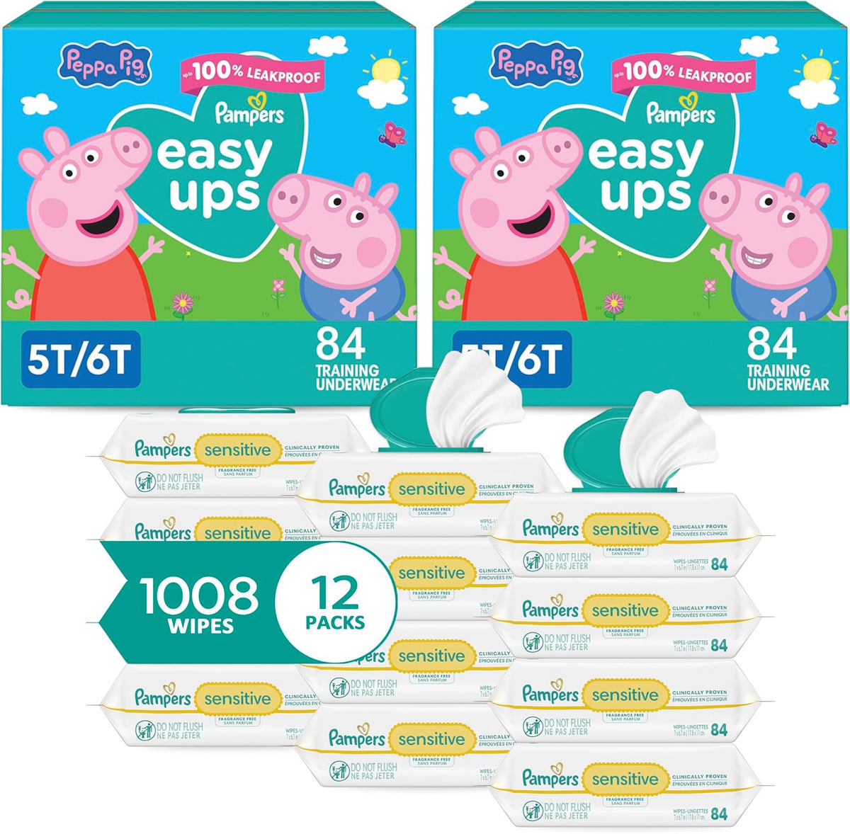 Pampers Easy Ups Pull On Training Underwear Girls, 5T-6T, 2 Month Supply (2 x 84 Count) with Sensitive Water Based Baby Wipes 12X Multi Pack Pop-Top and Refill (1008 Count)
