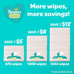 Pampers Baby Wipes Sensitive, Water Based Wipes, Hypoallergenic and Unscented Wipes, 192 Wipes Total (3 Refill Packs)