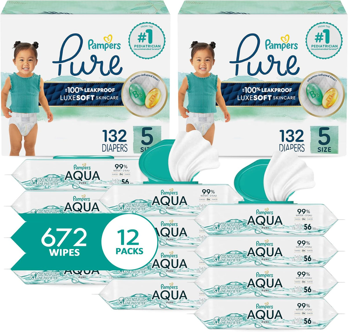 Pampers Pure Protection Disposable Baby Diapers Size 5, 2 Month Supply (2 x 132 Count) with Aqua Pure Sensitive Baby Wipes, 12X Pop-Top Packs (672 Count)