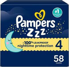 Pampers ZZZ Overnight Diapers, Size 4 (22-37 lbs), 58 Count, Nighttime Protection Disposable Baby Diaper, Night Time Leak and Skin Protection