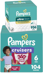 Pampers Pull On Cruisers 360° Fit Disposable Baby Diapers Size 6, 104 Count with Free & Gentle Baby Wipes 12 Flip-Top Packs (936 Wipes Total)