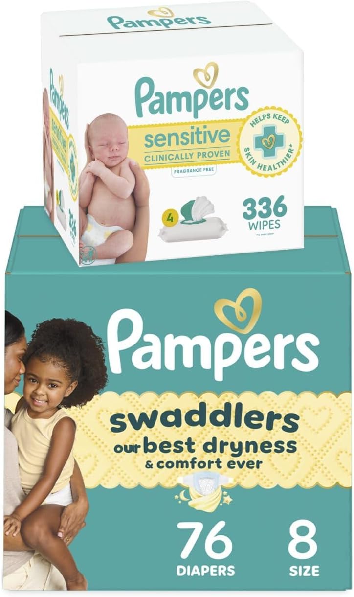 Pampers Swaddlers Disposable Baby Diapers Size 8, One Month Supply (76 Count) with Sensitive Water Based Baby Wipes 4X Pop-Top Packs (336 Count)