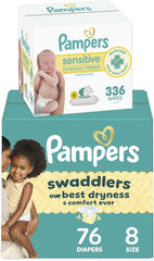 Pampers Swaddlers Disposable Baby Diapers Size 8, One Month Supply (76 Count) with Sensitive Water Based Baby Wipes 4X Pop-Top Packs (336 Count)