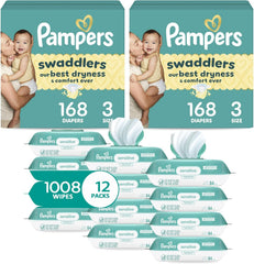 Pampers Swaddlers Disposable Baby Diapers Size 3, 2 Month Supply (2 x 168 Count) with Sensitive Water Based Baby Wipes 12X Multi Pack Pop-Top and Refill (1008 Count)