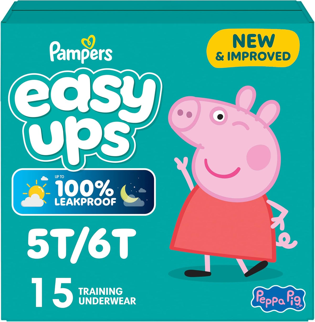 Easy Ups Girls & Boys Potty Training Pants, Size 5T-6T, 15 Count, Peppa Absorbent Training Underwear, Up to 100% Leakproof Day and Night, Hypoallergenic (Packaging May Vary)