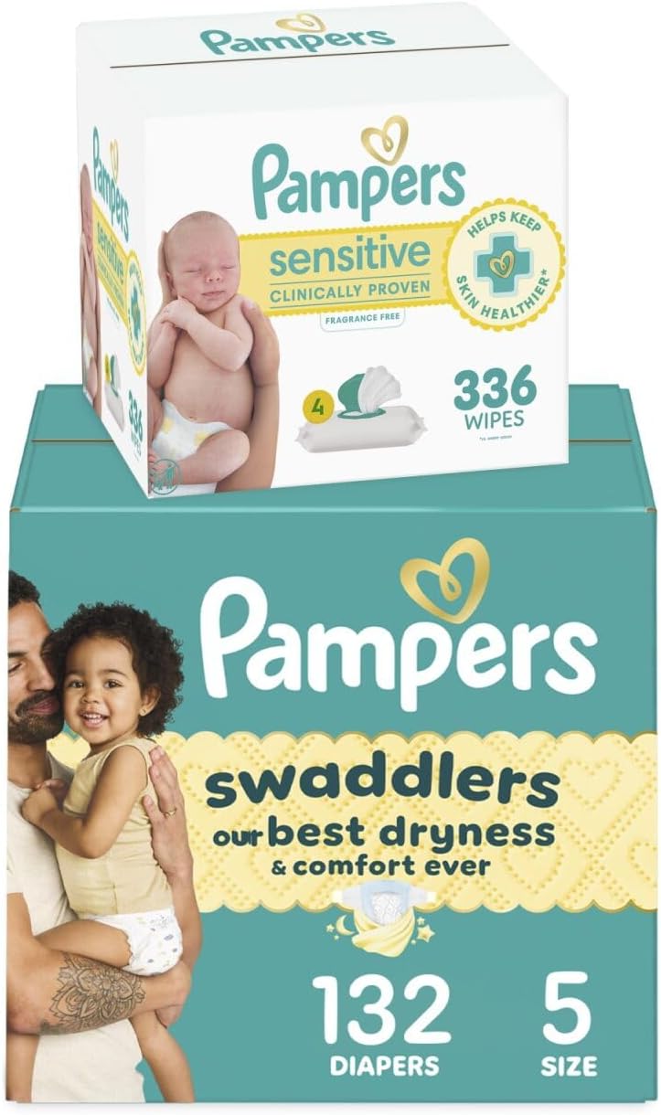 Pampers Swaddlers Disposable Baby Diapers Size 5, 132 Count with Sensitive Water Based Baby Wipes 4X Pop-Top Packs (336 Count)