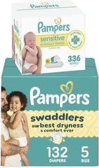 Pampers Swaddlers Disposable Baby Diapers Size 5, 132 Count with Sensitive Water Based Baby Wipes 4X Pop-Top Packs (336 Count)