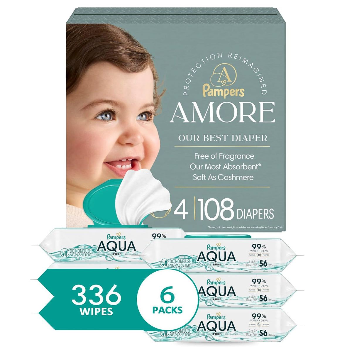 Bundle of Pampers Amore, Size 4 (15-34 lbs), 108 Count, Our Best Diaper + Pampers Aqua Pure Baby Wipes, 99% Water, Fragrance Free, 336 Baby Wipes Total (6X Flip-Top Packs) [Packaging May Vary]