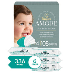 Bundle of Pampers Amore, Size 4 (15-34 lbs), 108 Count, Our Best Diaper + Pampers Aqua Pure Baby Wipes, 99% Water, Fragrance Free, 336 Baby Wipes Total (6X Flip-Top Packs) [Packaging May Vary]