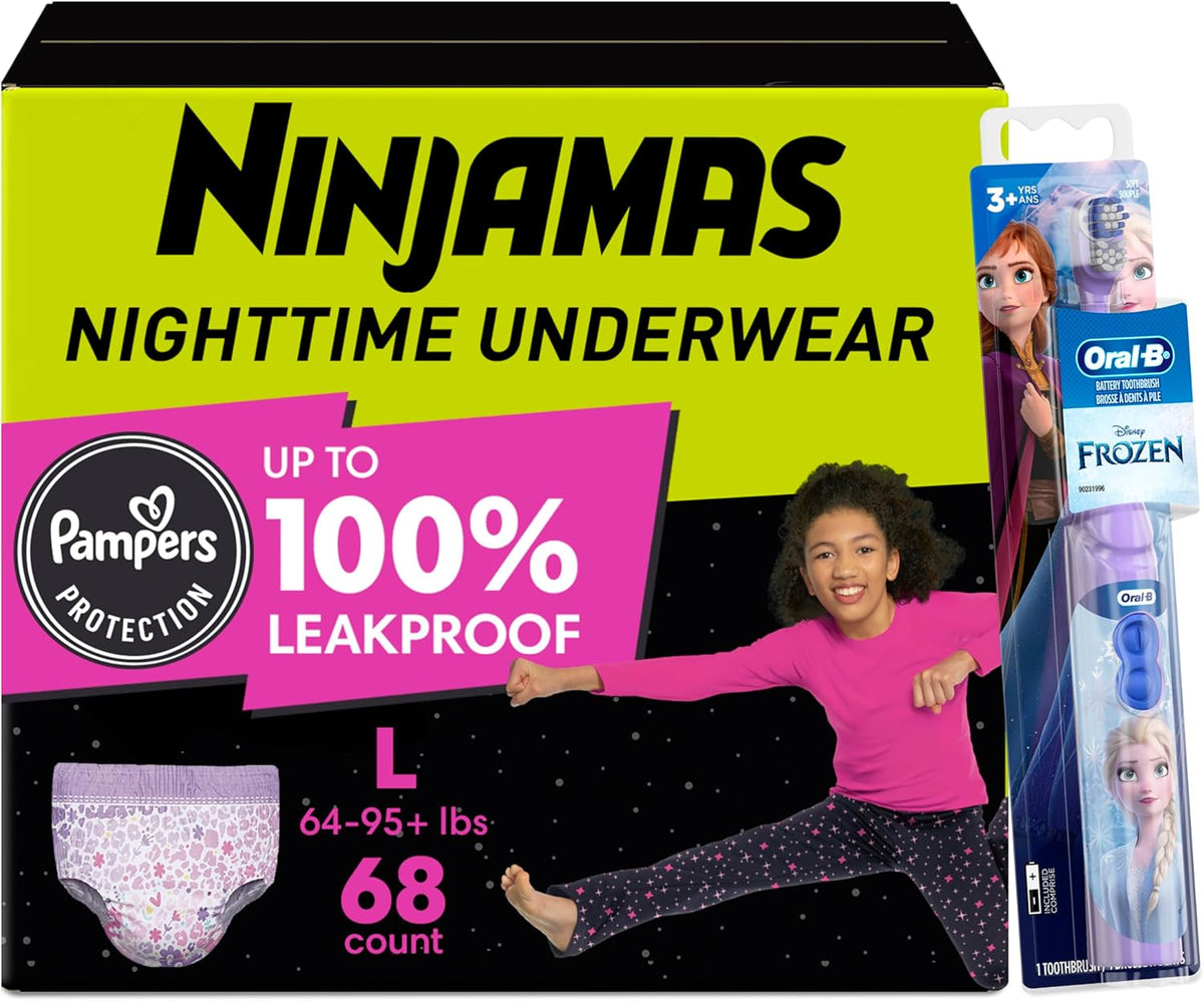 Pampers Ninjamas + Oral-B Toothbrush, Nighttime Training Pants Girls, 68 Count Size L & Oral-B Power Kid's Toothbrush Disney's Frozen