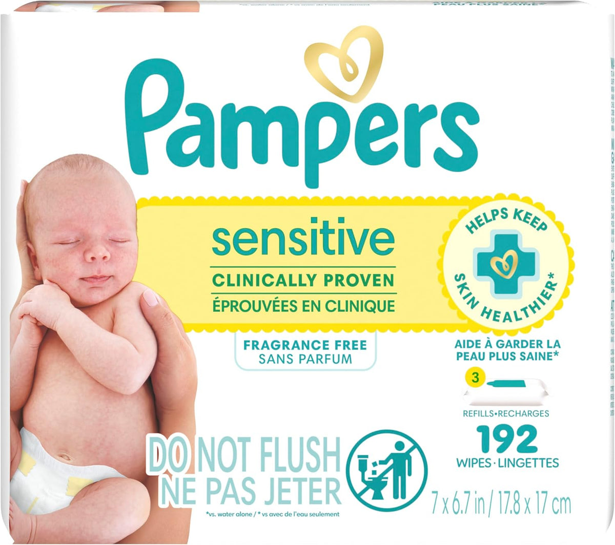 Pampers Baby Wipes Sensitive, Water Based Wipes, Hypoallergenic and Unscented Wipes, 192 Wipes Total (3 Refill Packs)