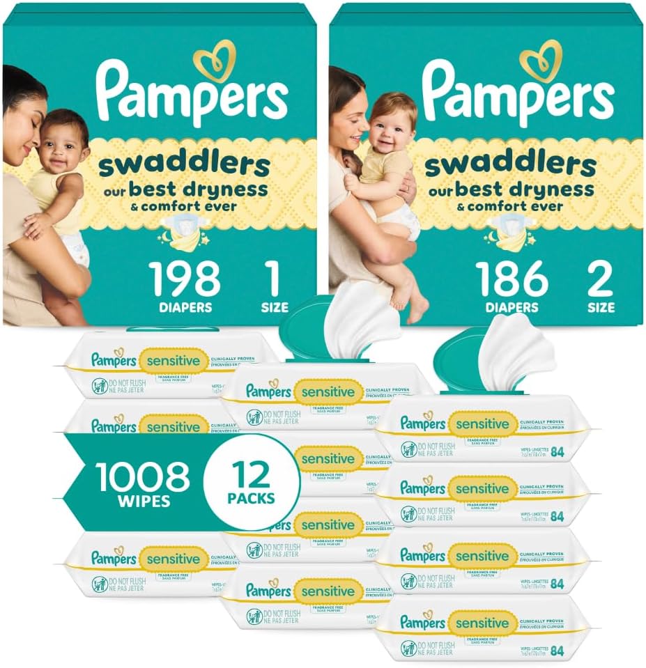 Pampers Baby Diapers and Wipes Starter Kit, Swaddlers Disposable Sizes 1 (198 Count) & 2 (186 Count) with Sensitive Water Based 12X Multi Pack Pop-Top Refill (1008 Count)