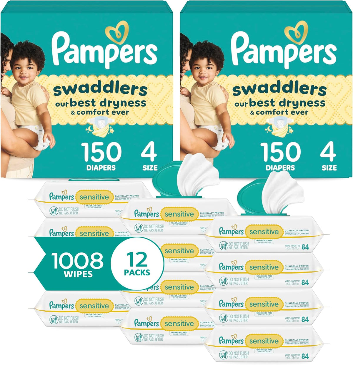 Pampers Swaddlers Disposable Baby Diapers Size 4, 2 Month Supply (2 x 150 Count) with Sensitive Water Based Baby Wipes 12X Multi Pack Pop-Top and Refill (1008 Count)