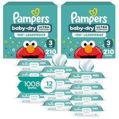 Pampers Baby Dry Disposable Baby Diapers Size 3, 2 Month Supply (2 x 210 Count) with Sensitive Water Based Baby Wipes 12X Multi Pack Pop-Top and Refill (1008 Count)