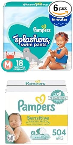 Pampers Splashers Swim Diapers - Size M, 18 Count, Gap-Free Disposable Baby Swim Pants + Pampers Sensitive Baby Wipes, Water Based, Hypoallergenic and Unscented, 6 Flip-Top Packs (504 Wipes Total)