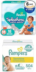 Pampers Splashers Swim Diapers - Size M, 18 Count, Gap-Free Disposable Baby Swim Pants + Pampers Sensitive Baby Wipes, Water Based, Hypoallergenic and Unscented, 6 Flip-Top Packs (504 Wipes Total)