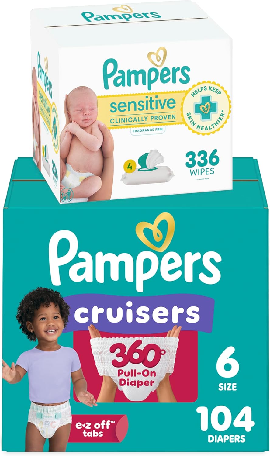 Pampers Pull On Cruisers 360° Fit Disposable Baby Diapers Size 6, 104 Count with Sensitive Water Based Baby Wipes 4X Pop-Top Packs (336 Count)
