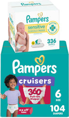 Pampers Pull On Cruisers 360° Fit Disposable Baby Diapers Size 6, 104 Count with Sensitive Water Based Baby Wipes 4X Pop-Top Packs (336 Count)