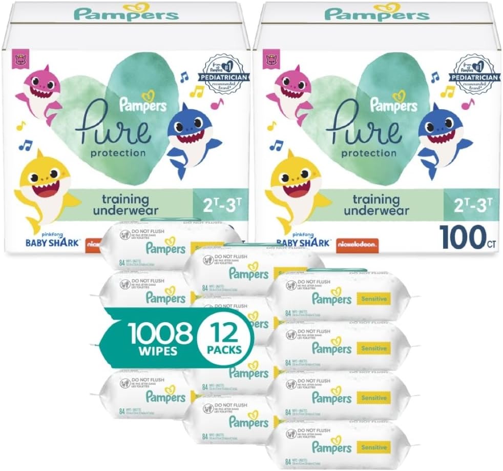 Pampers Pure Pants 2T3T (2 x 100 Count) with Sensitive Water Based Baby Wipes, 12X Pop-Top and Refill Packs (1008 Count)
