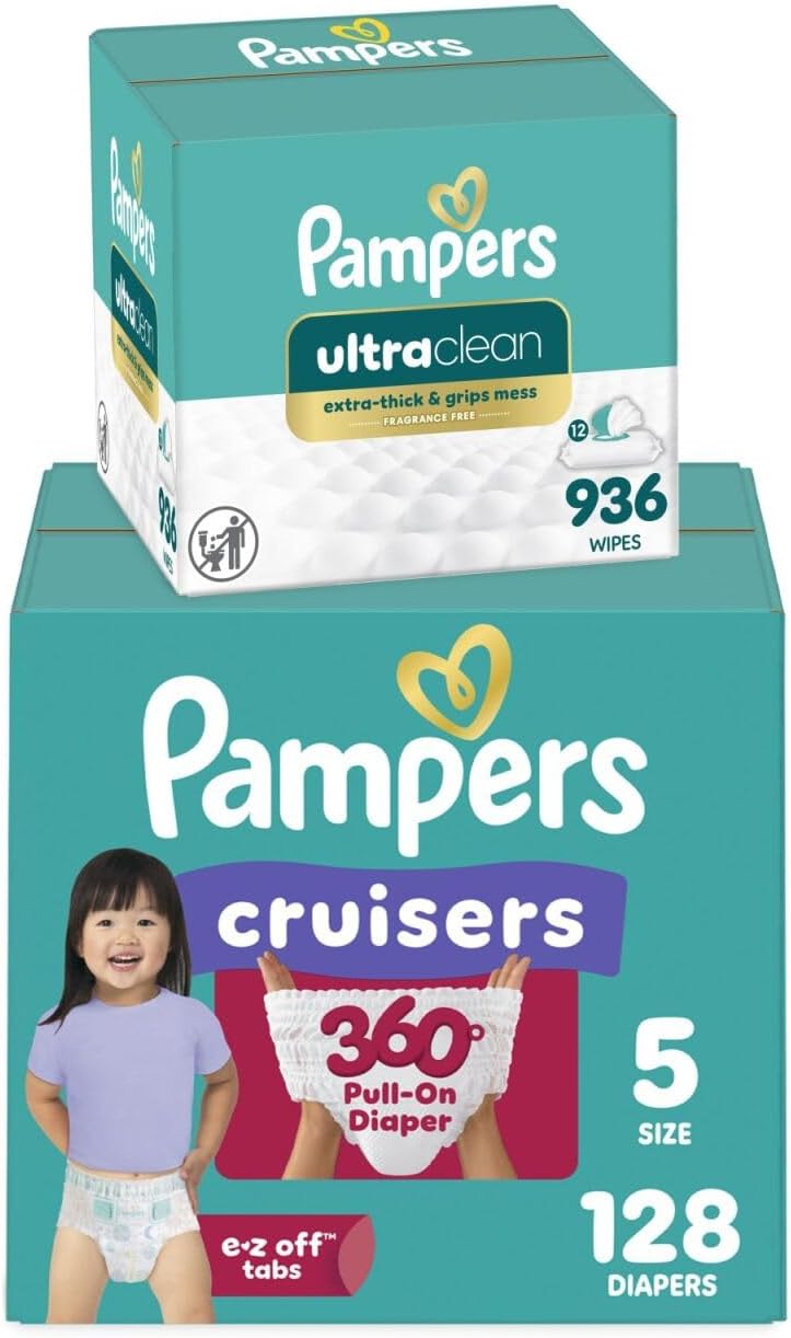 Pampers Pull On Cruisers 360° Fit Disposable Baby Diapers Size 5, 128 Count with Free & Gentle Baby Wipes 12 Flip-Top Packs (936 Wipes Total)