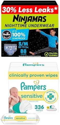 Bundle of Ninjamas Boys Bedwetting Nighttime Underwear, Size S/M (38-70 lbs), 88 Count+ Pampers Wipes, Sensitive, Water Based Wipe, Hypoallergenic, and Unscented 336 Wipes Total (4 Flip-Top Packs)