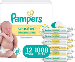 Pampers Baby Wipes, Sensitive, Water Based Wipe, Clinically Proven, Hypoallergenic, and Unscented for Babies, 1008 Wipes Total (12 Flip-Top Packs) [Packaging May Vary]
